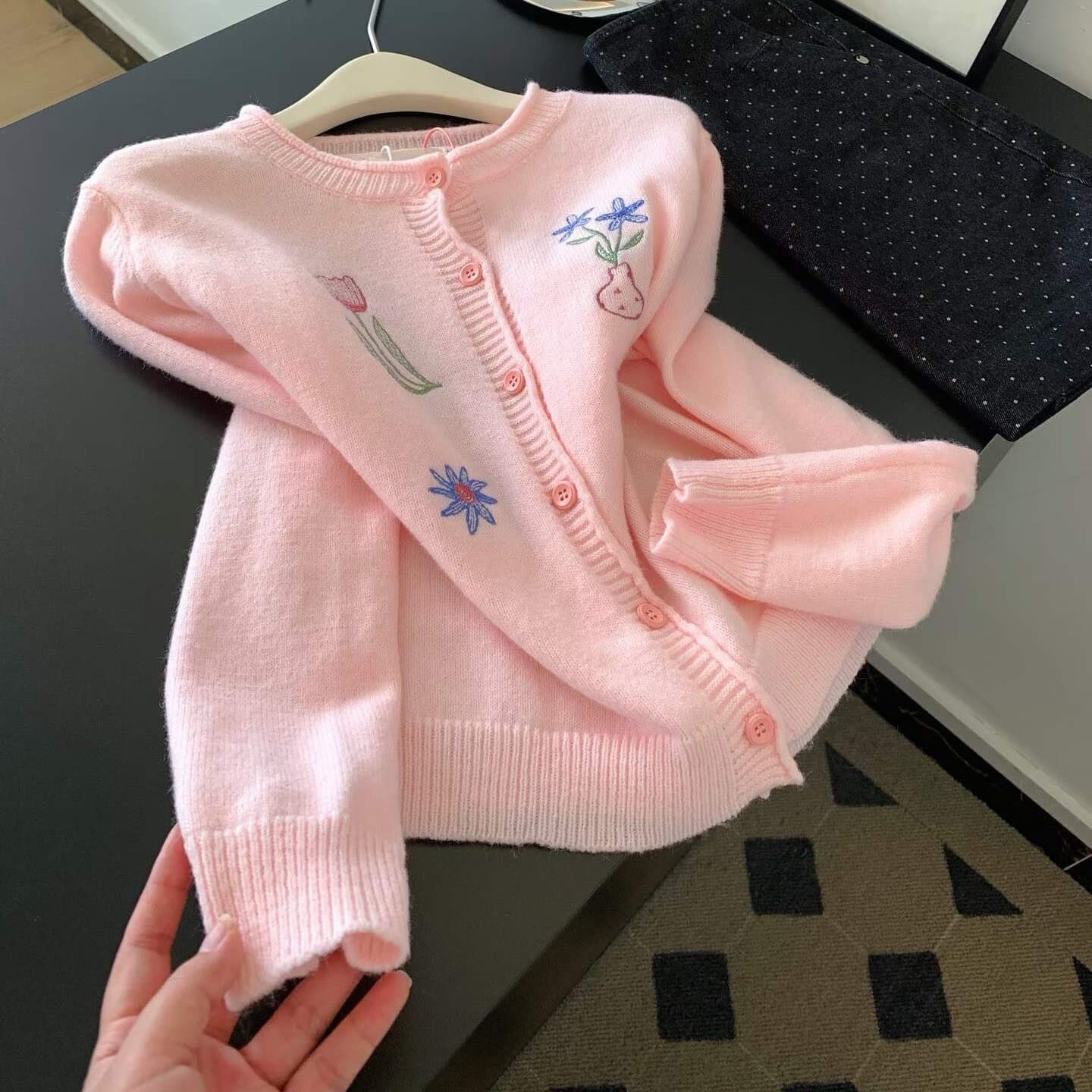 달콤한 스타일 자수 작은 꽃 라운드 넥 뒤집다 측면 칼라 니트 스웨터 오픈 가디건 여성 가을 겨울철 패션 연령 감소 다용도 맨위 상세 이미지 5