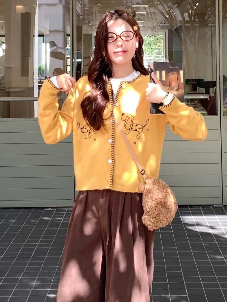 황색 강아지 자수 긴팔 니트 오픈 가디건 여성 가을 겨울철 작은 키 루즈핏 느긋한 바람 스웨터 코트 맨위 이미지 4
