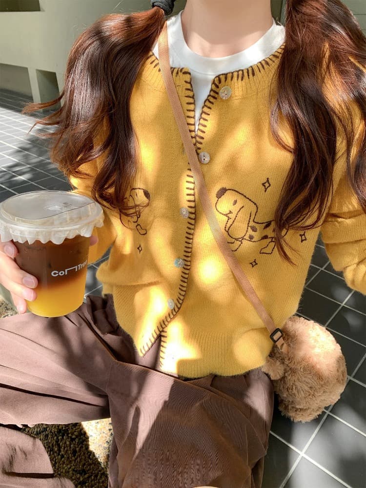 황색 강아지 자수 긴팔 니트 오픈 가디건 여성 가을 겨울철 작은 키 루즈핏 느긋한 바람 스웨터 코트 맨위 상세 이미지 1