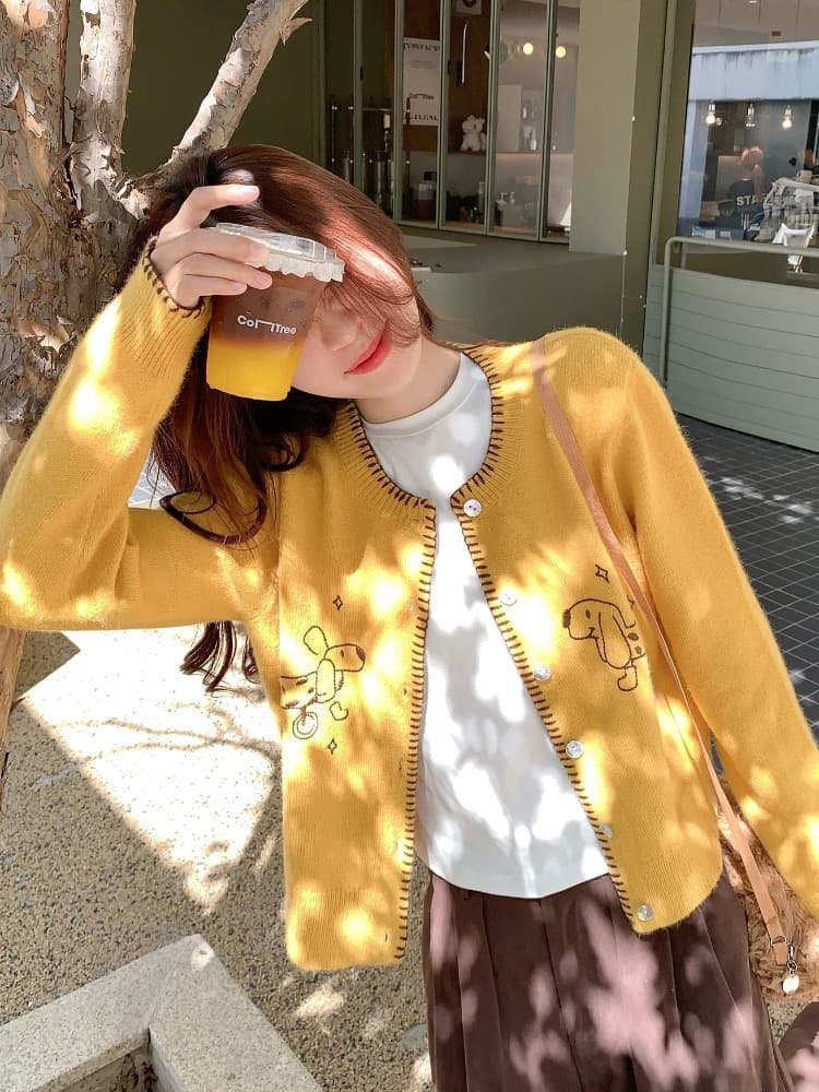 황색 강아지 자수 긴팔 니트 오픈 가디건 여성 가을 겨울철 작은 키 루즈핏 느긋한 바람 스웨터 코트 맨위 상세 이미지 3