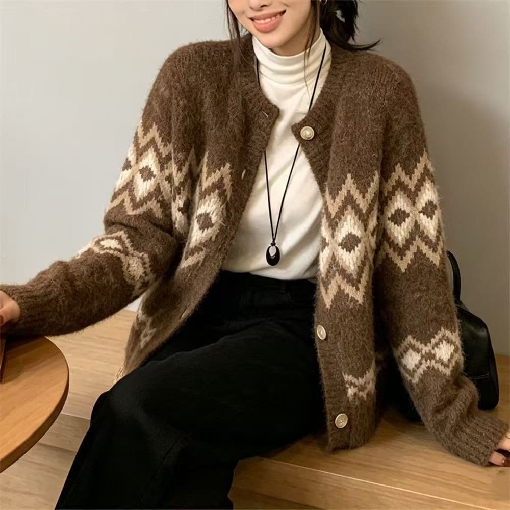 공정한 섬 자카드 스웨터 오픈 가디건 여성 겨울 두꺼운 루즈핏 다용도 슬림해 보이는 니트 재킷 상세 이미지 8