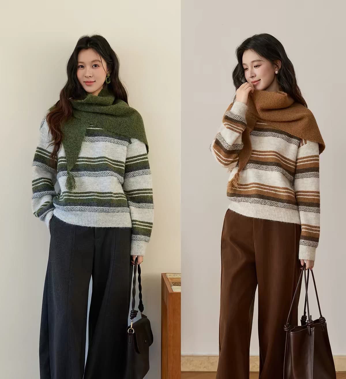 가을 겨울 새로운 라운드 넥 배색 스트라이프 루즈핏 한 부서 패션 다용도 여성 스카프 스웨터 트렌디 상세 이미지 1
