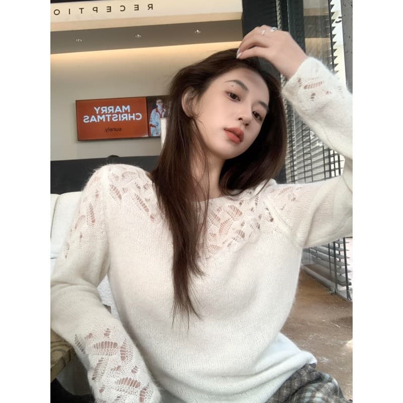 한 부서 디자인 센스 플리스 홀로우 아웃 무늬 니트 스웨터 여성 2026 봄 가을 새로운 고급 센스 외국 가스 세련된 맨위 이미지 4