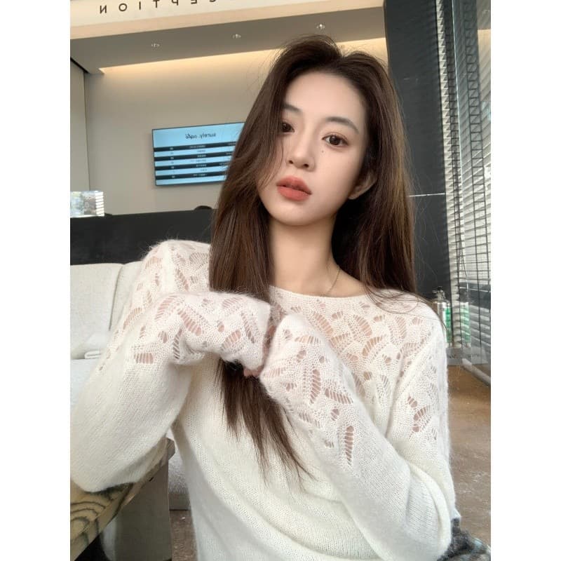 한 부서 디자인 센스 플리스 홀로우 아웃 무늬 니트 스웨터 여성 2026 봄 가을 새로운 고급 센스 외국 가스 세련된 맨위 상세 이미지 1