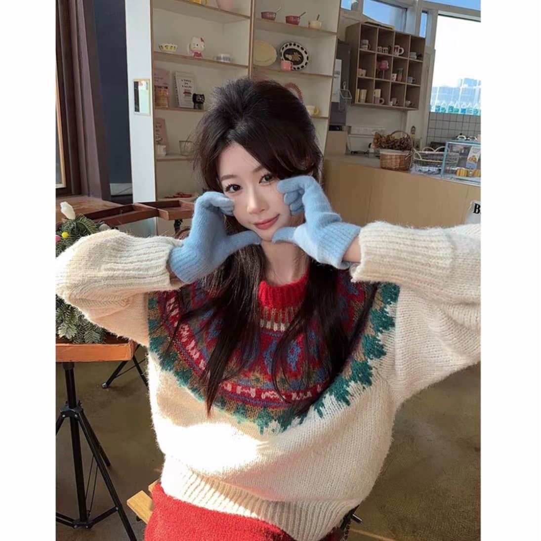 달콤한 차가운 바람 당겨서 털 공정한 섬 루즈핏 오프숄더 스웨터 여자 이미지 2