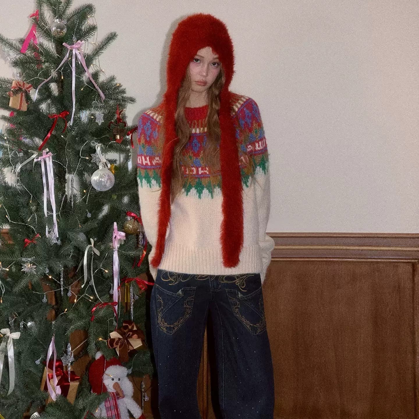 달콤한 차가운 바람 당겨서 털 공정한 섬 루즈핏 오프숄더 스웨터 여자 이미지 5
