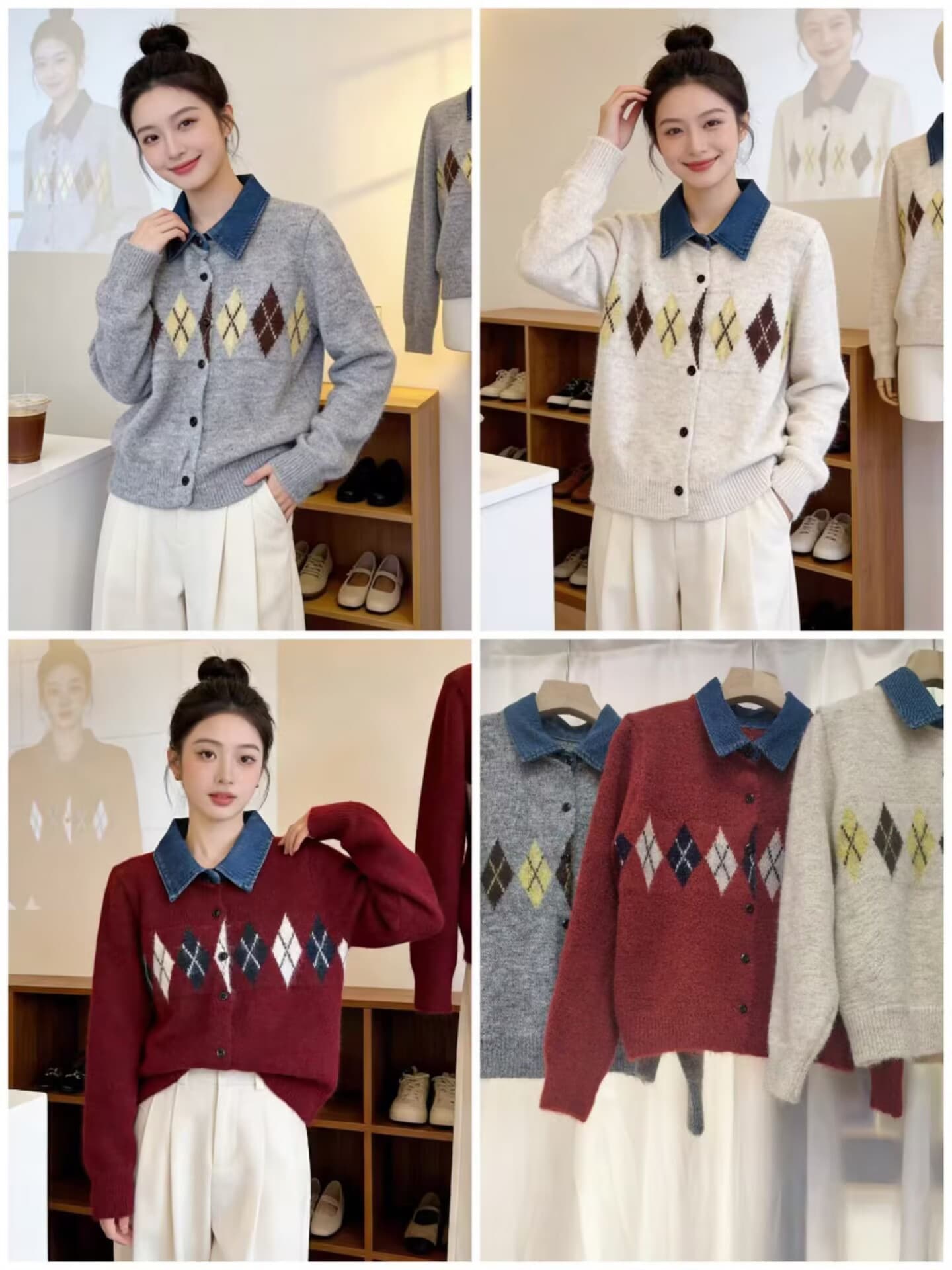 가을 겨울 스웨터 링 그리드 패치워크 데님 POLO 칼라 긴팔 니트 카디건 코트 스웨터 여자 이미지 4