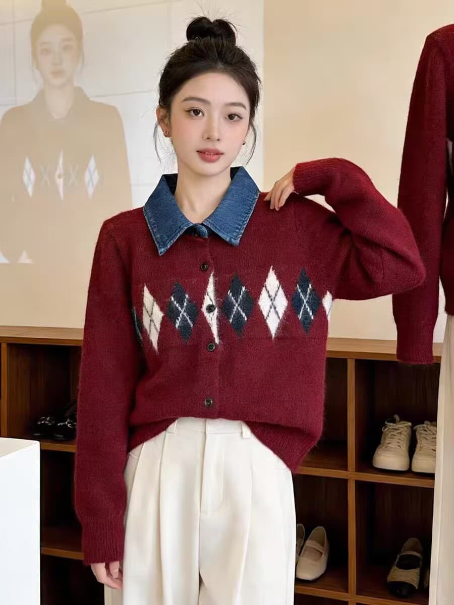 가을 겨울 스웨터 링 그리드 패치워크 데님 POLO 칼라 긴팔 니트 카디건 코트 스웨터 여자