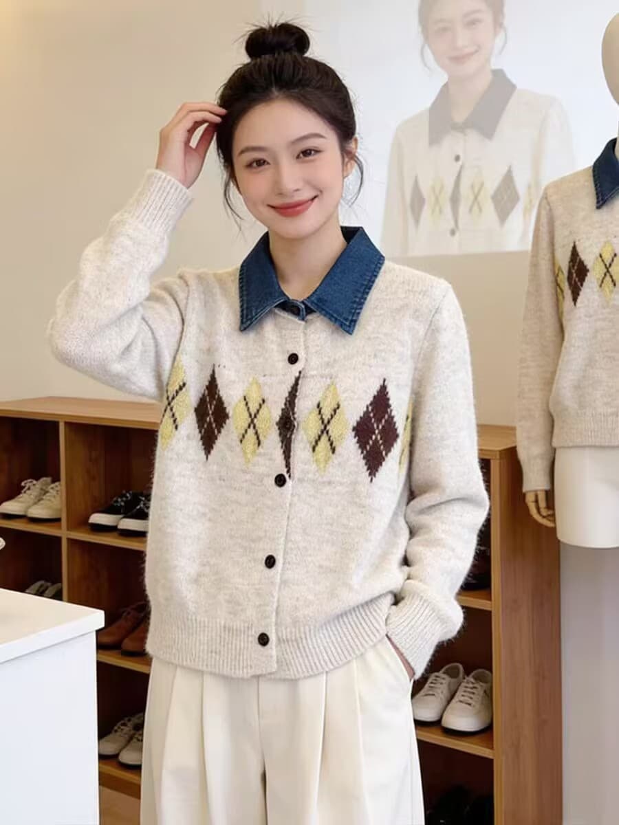 가을 겨울 스웨터 링 그리드 패치워크 데님 POLO 칼라 긴팔 니트 카디건 코트 스웨터 여자 이미지 2