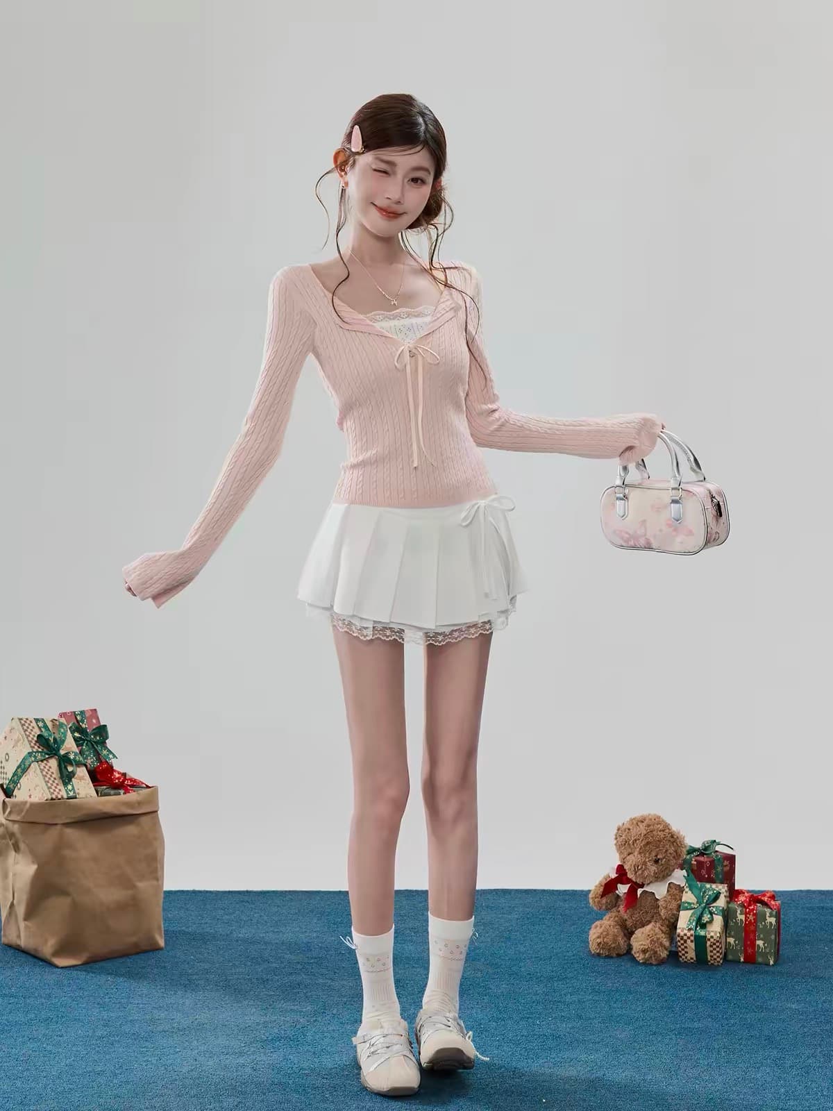달콤함 레이스 레이스 좋은 트위스트 꽃 페이크 레이어드 패치워크 몸매 가꾸기 니트 스웨터 여성 만나는 맨위 상세 이미지 5