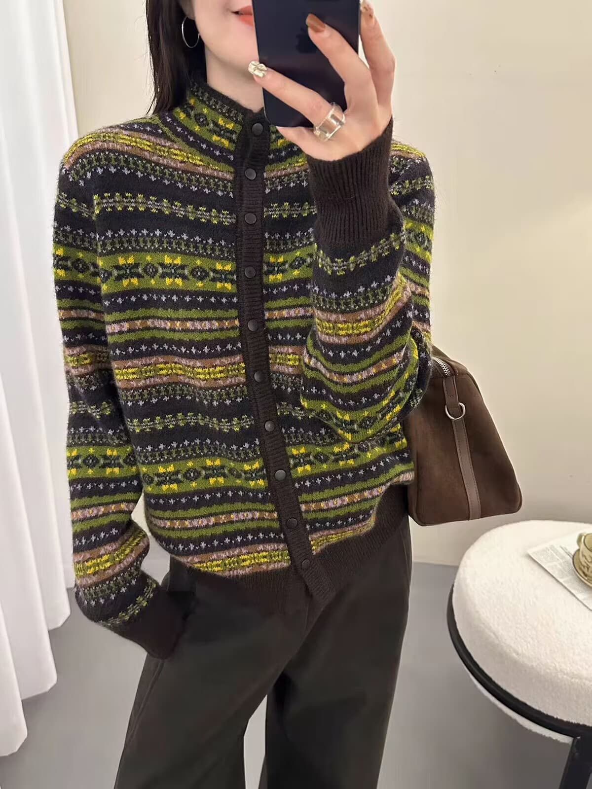반하이넥 공정한 섬 바람 자카드 빨간색 니트 오픈 가디건 여성 가을 겨울 레트로 스트라이프 스웨터 다용도 슬림해 보이는 맨위 상세 이미지 3