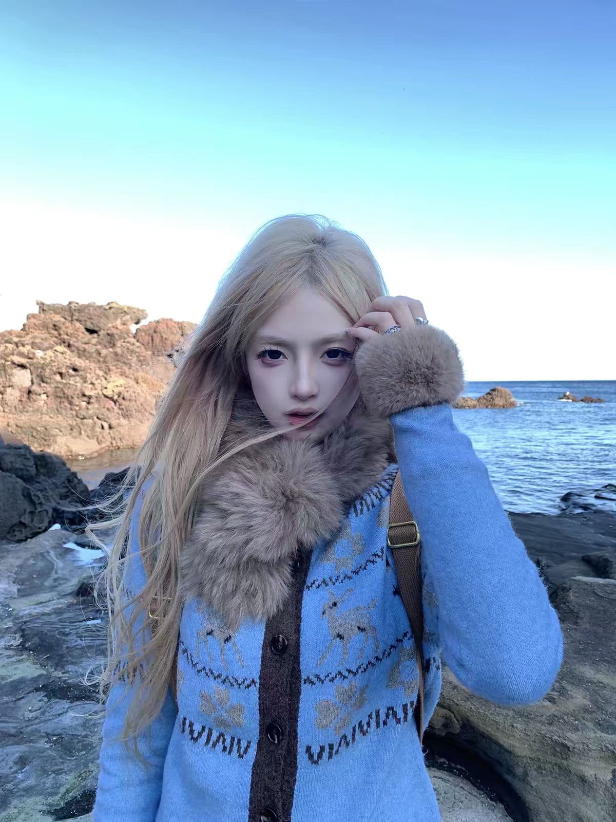 작은 사슴 스팟 ~보다 탈착식 모피 칼라 공정한 섬 빨간색 스웨터 코트 여성 뜨개질 오픈 가디건 맨위