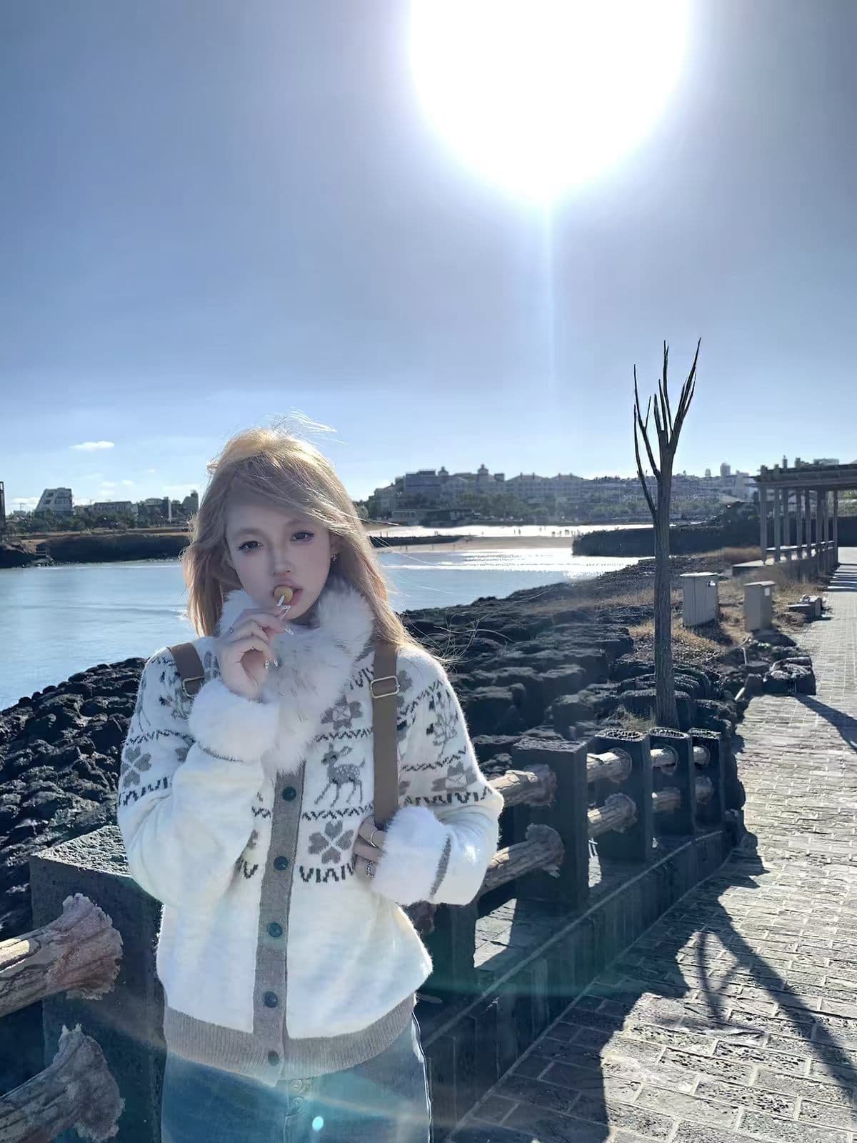 작은 사슴 스팟 ~보다 탈착식 모피 칼라 공정한 섬 빨간색 스웨터 코트 여성 뜨개질 오픈 가디건 맨위 상세 이미지 5