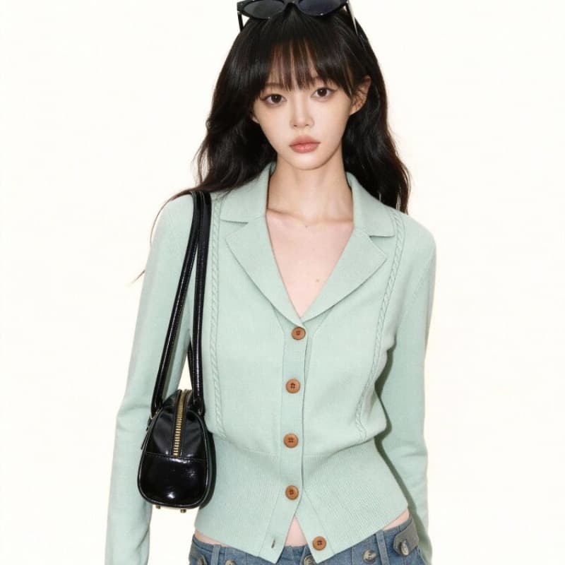녹색 정장 칼라 니트 오픈 가디건 여성 2026 봄 가을 새로운 고급 센스 몸매 가꾸기 허리 수축 인사이드 가져 가라. 만나는 맨위 이미지 5