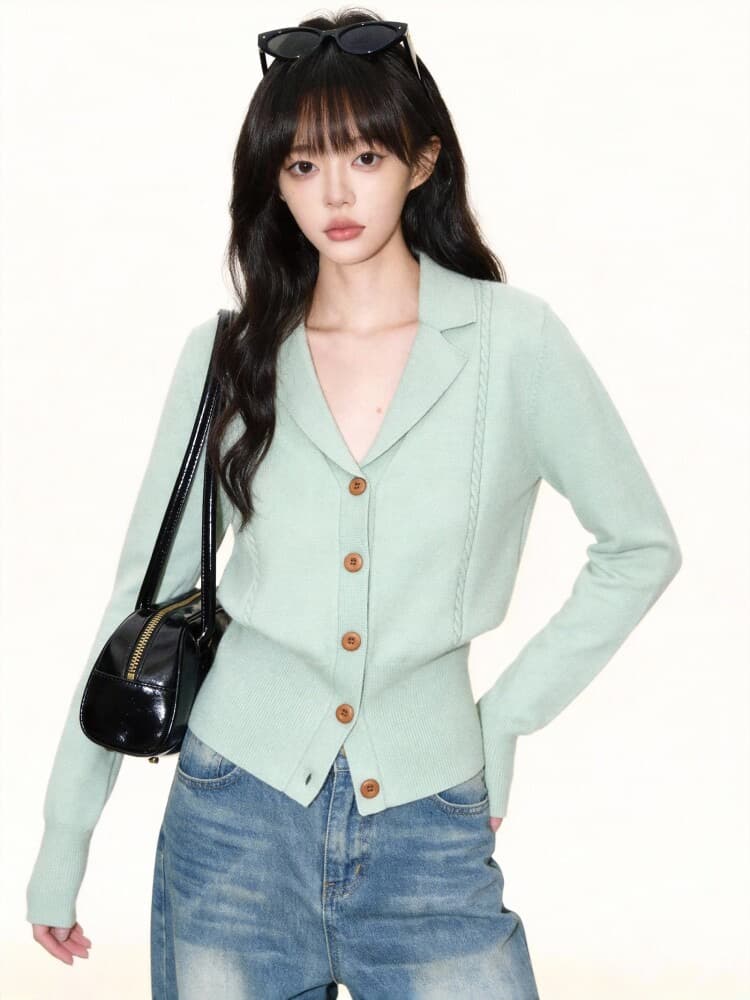 녹색 정장 칼라 니트 오픈 가디건 여성 2026 봄 가을 새로운 고급 센스 몸매 가꾸기 허리 수축 인사이드 가져 가라. 만나는 맨위 상세 이미지 1
