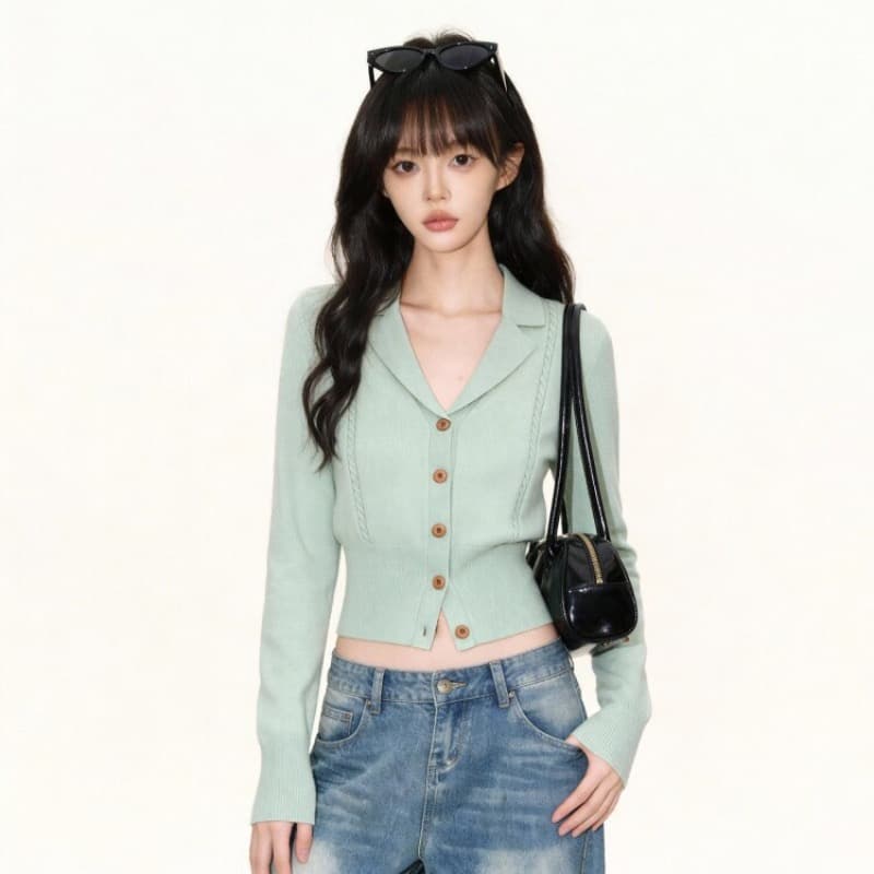 녹색 정장 칼라 니트 오픈 가디건 여성 2026 봄 가을 새로운 고급 센스 몸매 가꾸기 허리 수축 인사이드 가져 가라. 만나는 맨위 상세 이미지 4