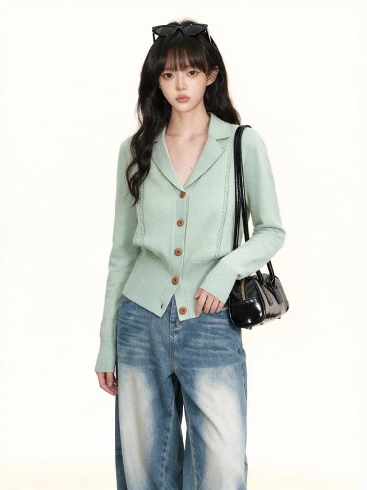 녹색 정장 칼라 니트 오픈 가디건 여성 2026 봄 가을 새로운 고급 센스 몸매 가꾸기 허리 수축 인사이드 가져 가라. 만나는 맨위 상세 이미지 5