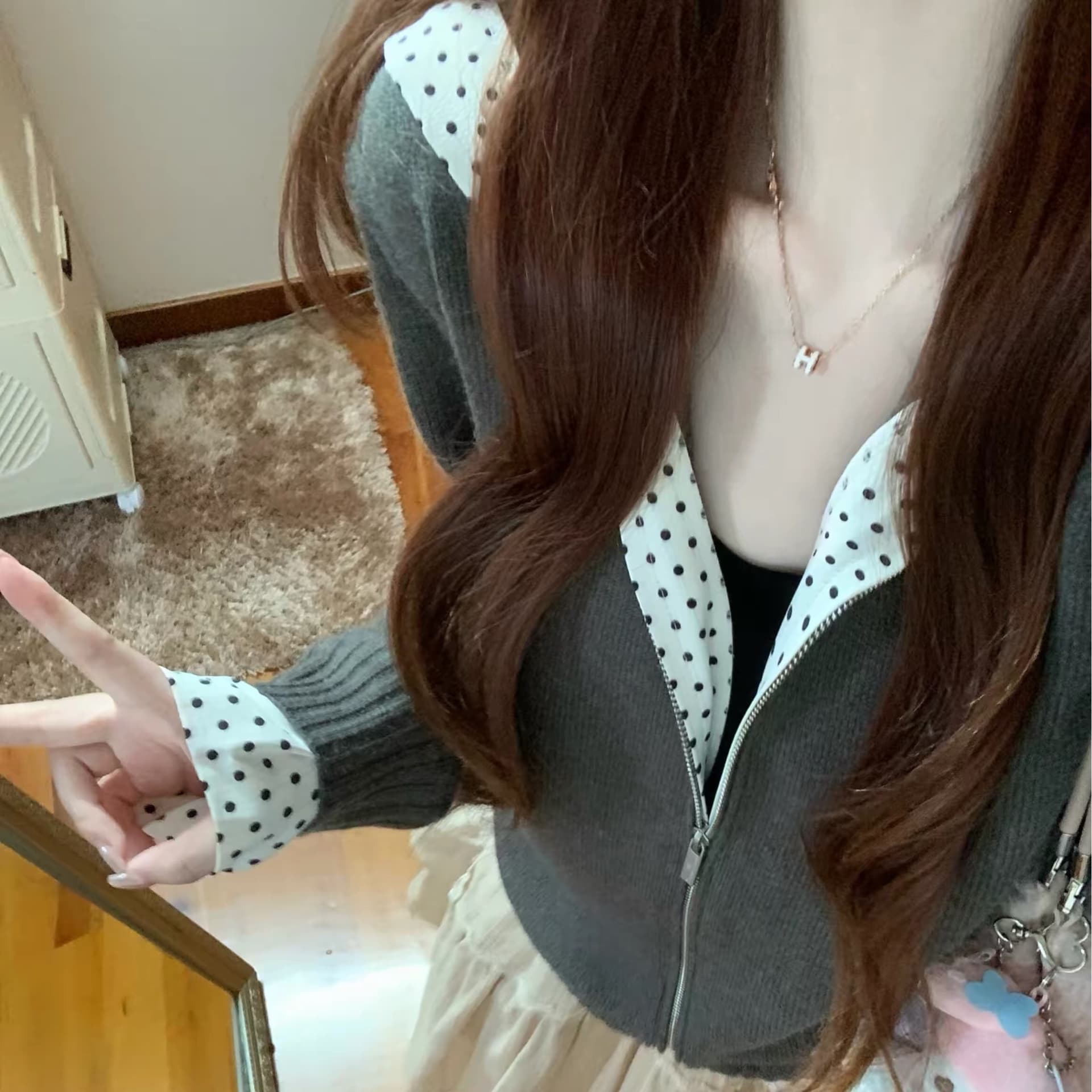 한 부서 도트 무늬 배색 후드티 패치워크 디자인 센스 후드 스웨터 오픈 가디건 여성 이른 가을 루즈핏 지퍼 니트 재킷 이미지 5