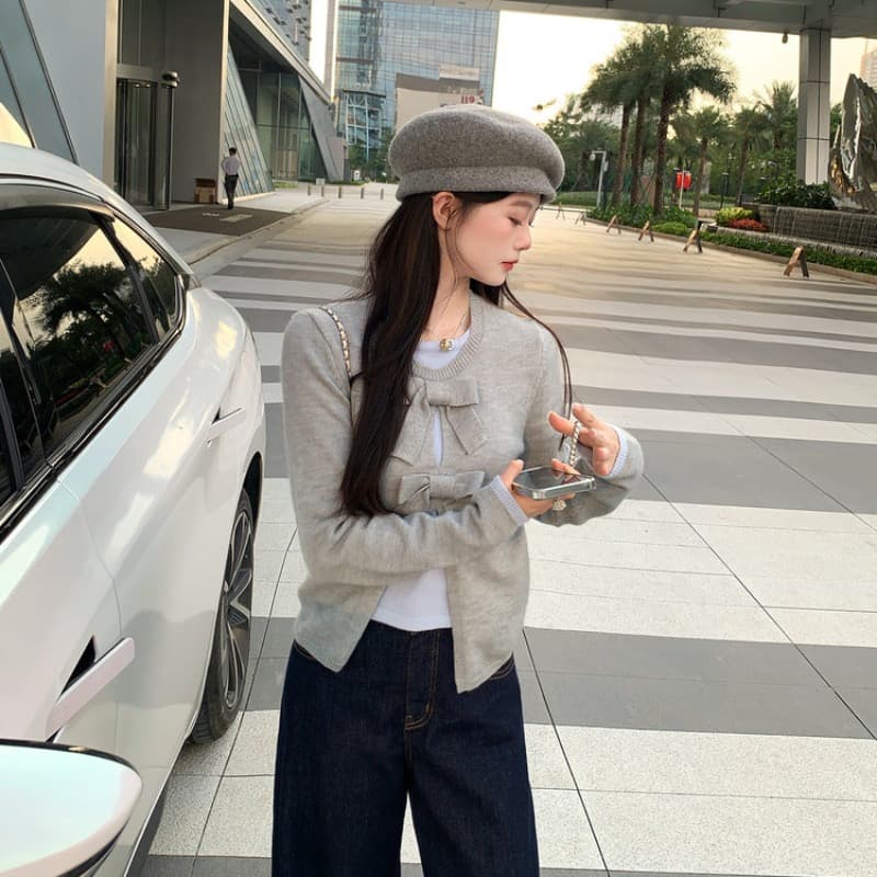 페이크 레이어드 2026 가을 겨울 새로운 디자인 센스 연령 감소 나비 매듭 스웨터 긴팔 풀오버 니트 스웨터 맨위 상세 이미지 2