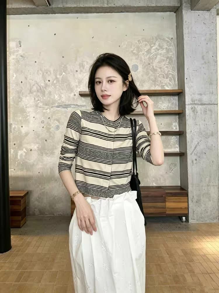 프랑스식 연령 감소 이른 가을 스트라이프 셔츠 아세트산 실크 양모 스트레이트 7부 소매 니트 오픈 가디건 이미지 3