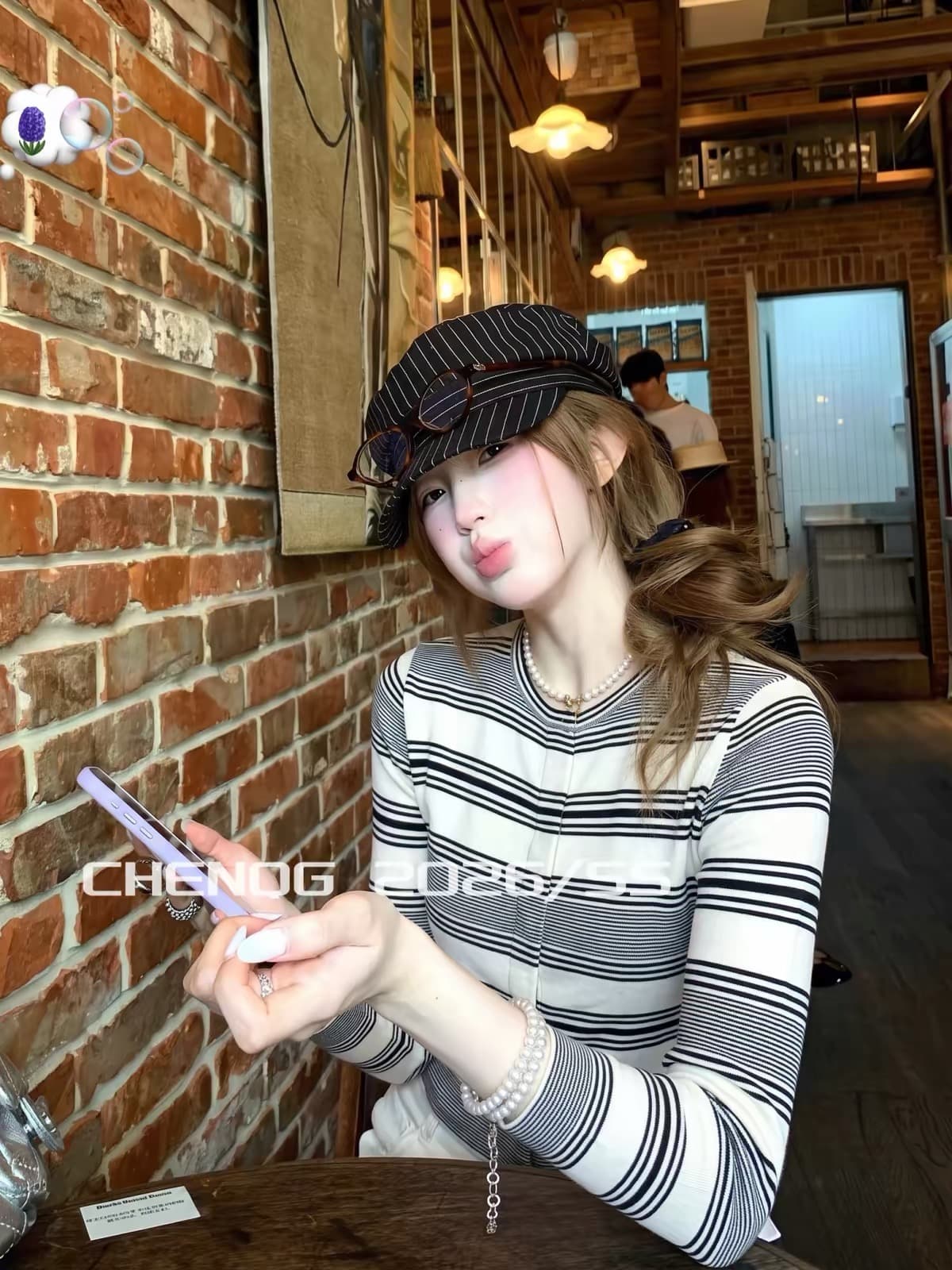 클래식 스트레이트 연령 감소 라운드 넥 버튼 맨위 이른 가을 프랑스식 스트라이프 7부 소매 니트 오픈 가디건 상세 이미지 2