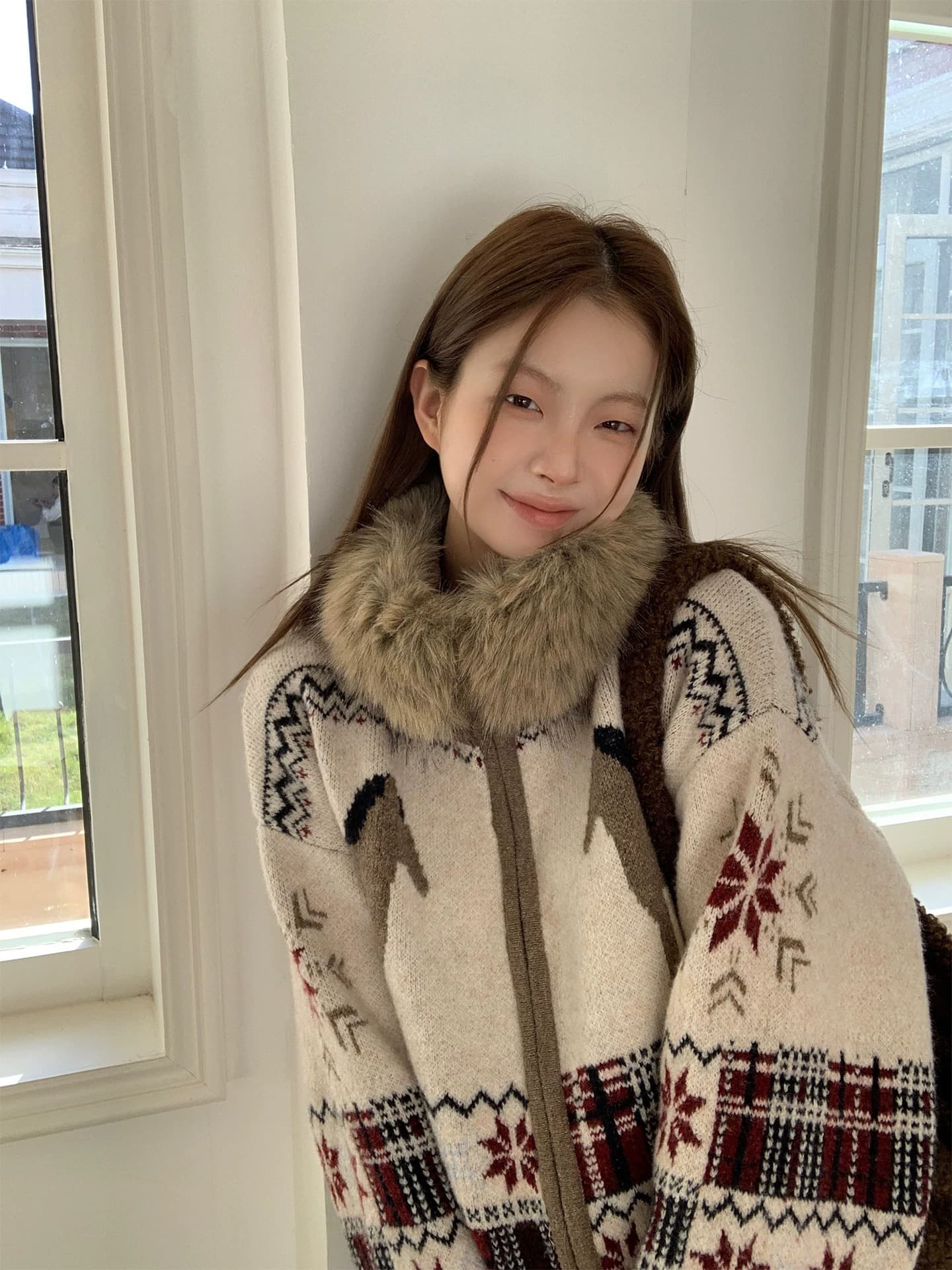 레트로 공정한 섬 자카드 탈착식 모피 칼라 지퍼 스웨터 여성 코트 가을 겨울 루즈핏 니트 오픈 가디건 느긋한 바람