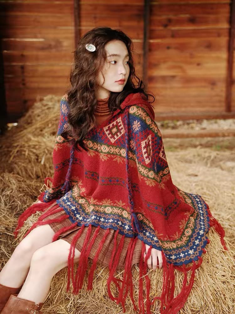 가을 겨울 휴가 티벳 운남 레트로 빨간색 크리스마스 술 후드 망토 보온 자외선 차단 숄 외부 가져 가라. 스웨터 상세 이미지 3