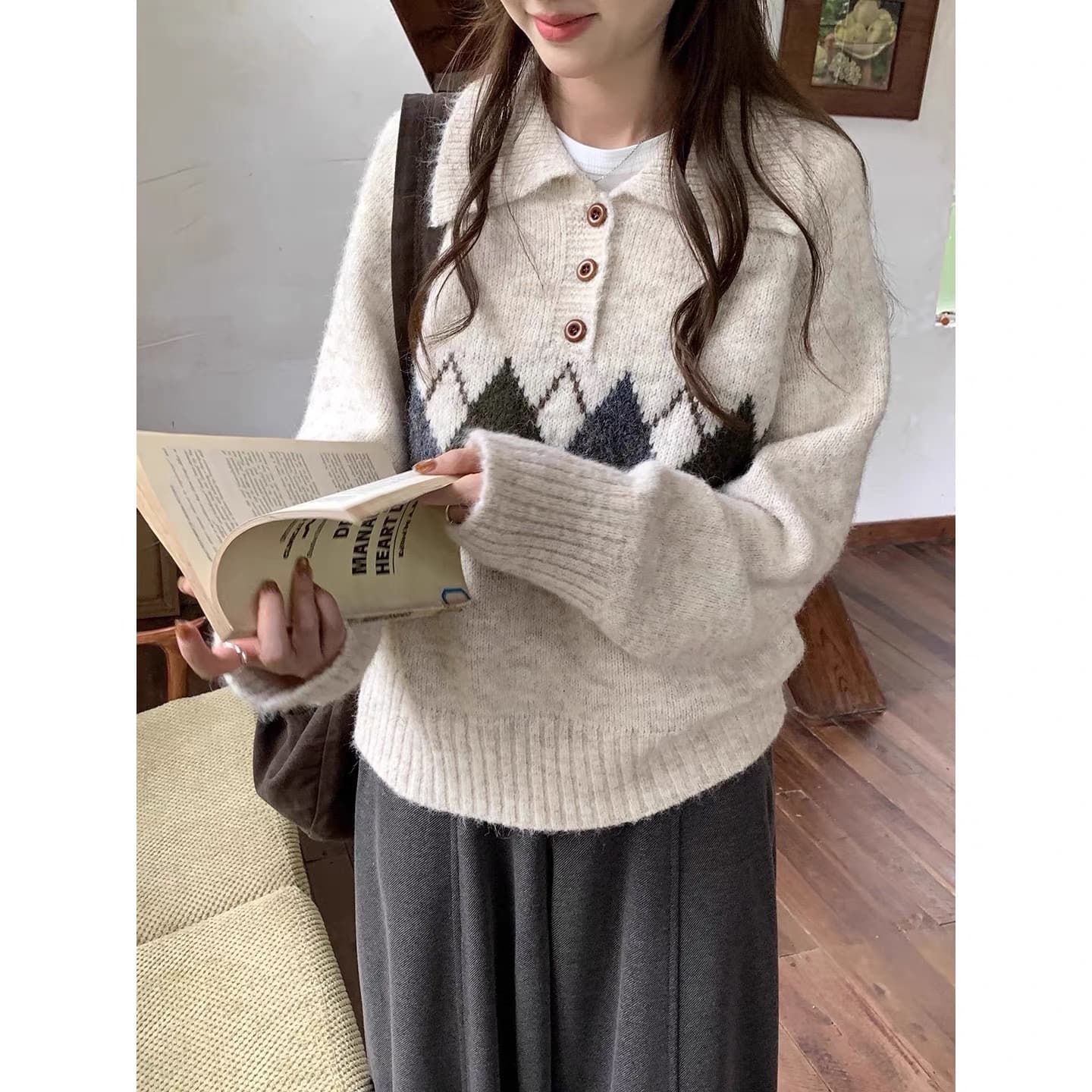 링 그리드 폴로 칼라 스웨터 여자 가을 겨울 두꺼운 작은 키 루즈핏 느긋한 부드러운 찹쌀 니트 스웨터 인사이드 가져 가라. POLO 칼라 맨위 이미지 4