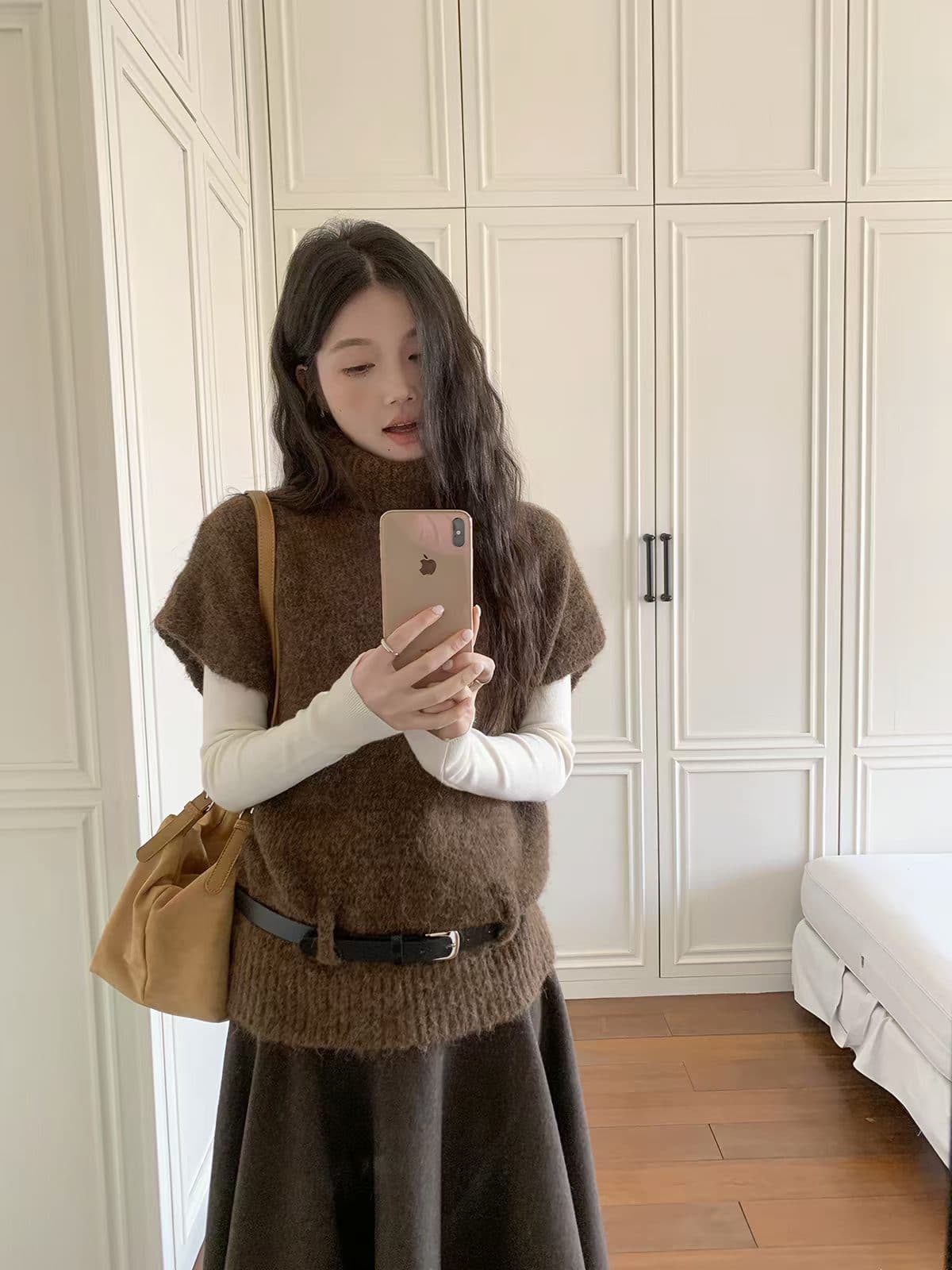 분위기 양모 터틀넥 니트 스웨터 망토 스웨터 여자 가을 느긋한 바람 스택 착용 털 셔츠 벨트 벨트 상세 이미지 9