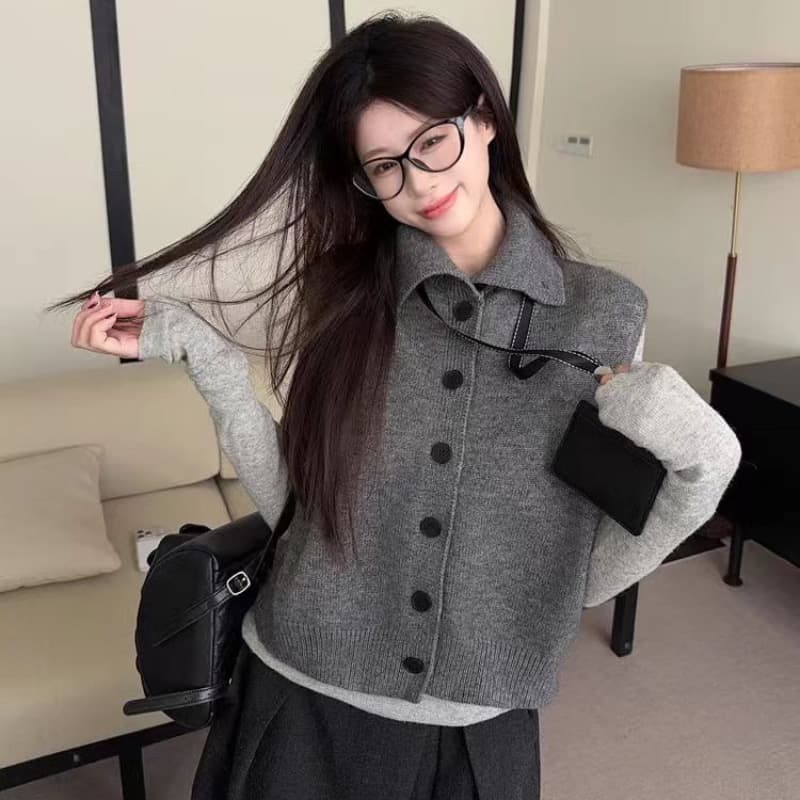 송 긍정적 인 En 어두운 회색 터틀넥 니트 조끼 여자 가을 겨울 높음 지혜 센스 전후 둘 착용 스웨터 조끼 스택 착용 맨위 이미지 5