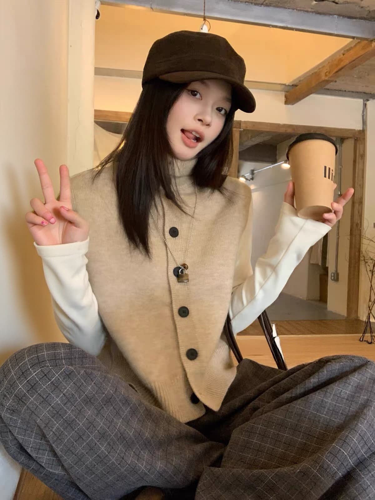 송 긍정적 인 En 어두운 회색 터틀넥 니트 조끼 여자 가을 겨울 높음 지혜 센스 전후 둘 착용 스웨터 조끼 스택 착용 맨위 상세 이미지 2