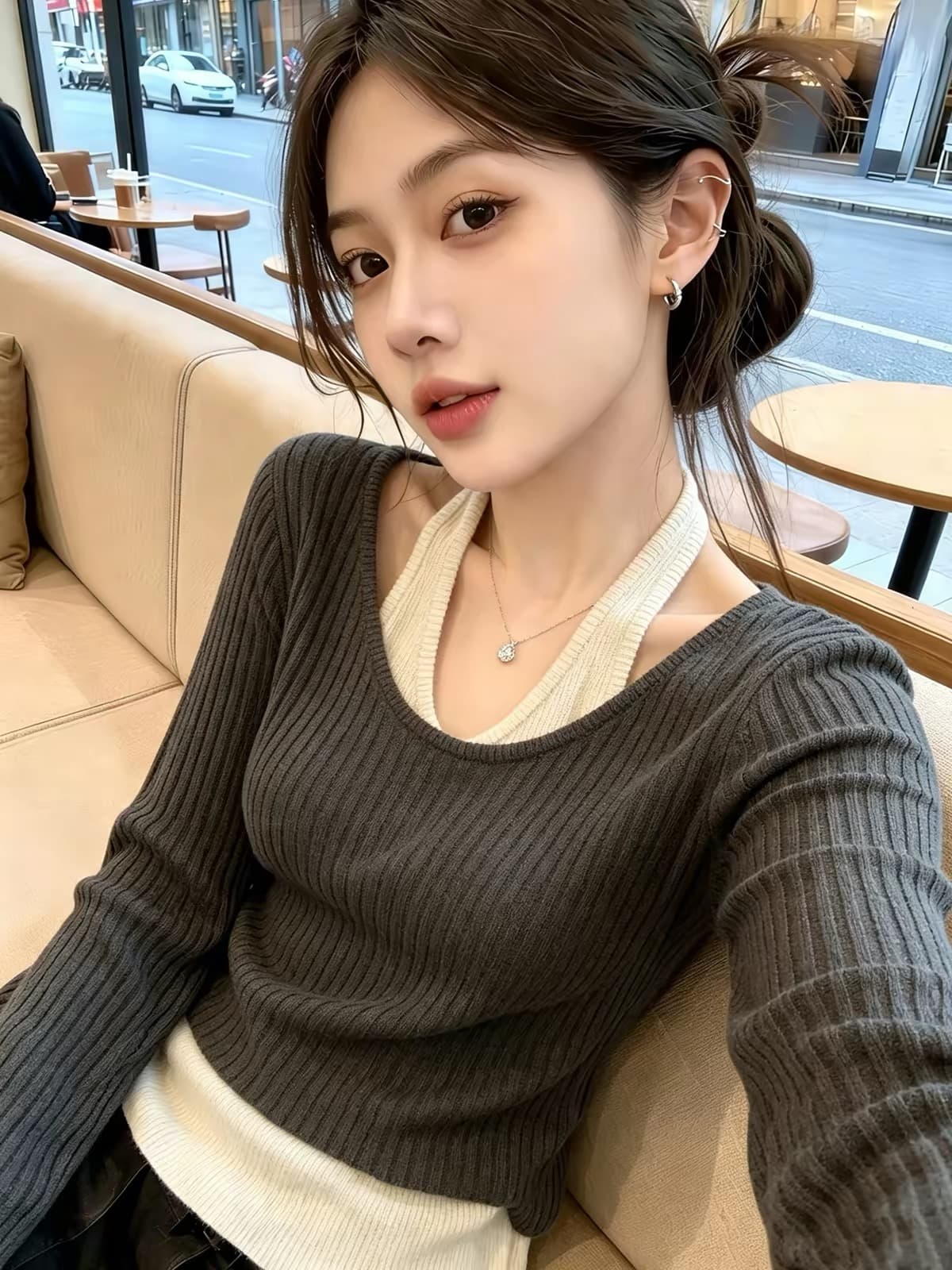 한 부서 u 칼라 행침 목 긴팔 니트 스웨터 여성 2026 새로운 조기 가을 몸매 가꾸기 슬림해 보이는 배색 페이크 레이어드 맨위 이미지 3