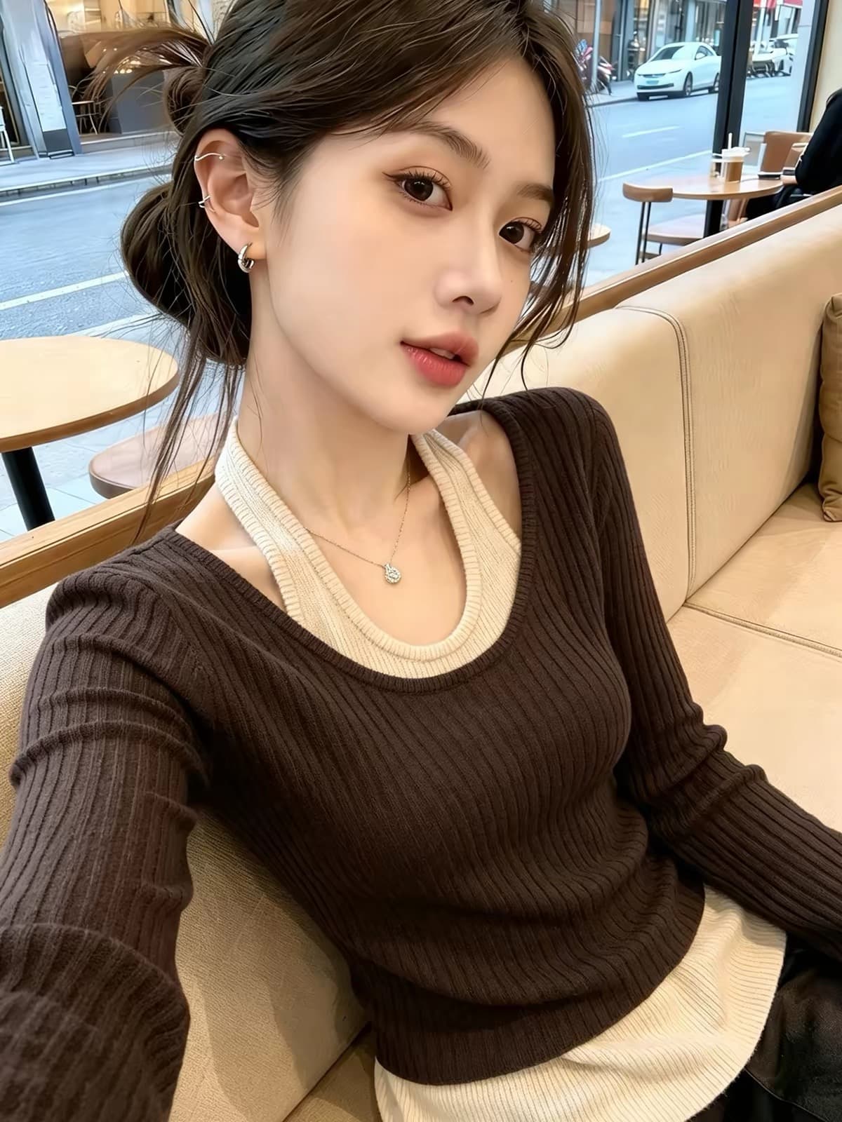 한 부서 u 칼라 행침 목 긴팔 니트 스웨터 여성 2026 새로운 조기 가을 몸매 가꾸기 슬림해 보이는 배색 페이크 레이어드 맨위 상세 이미지 7