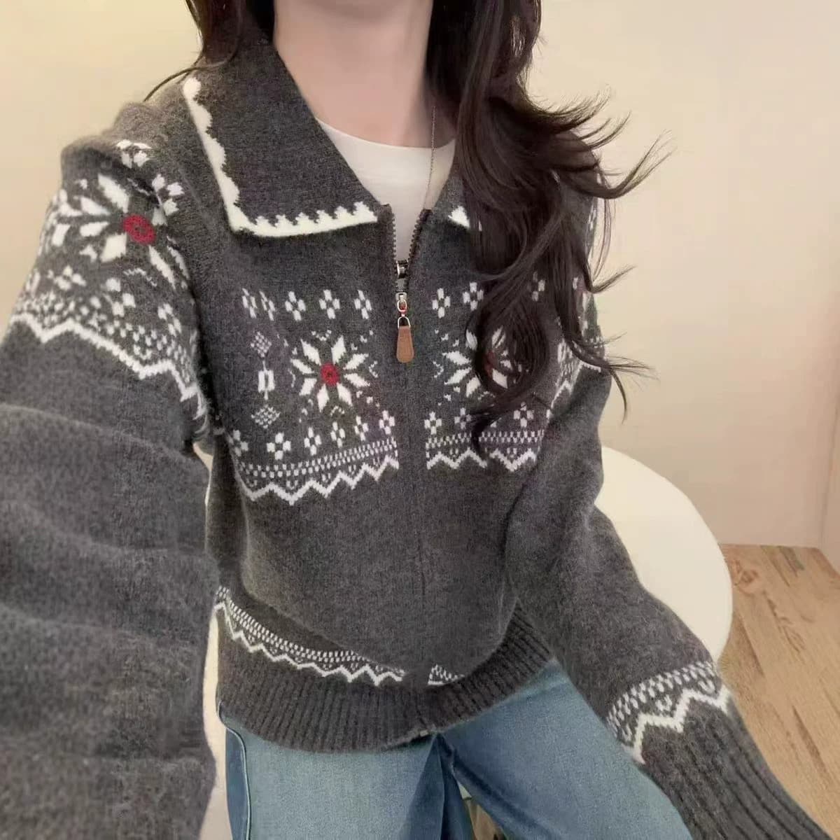 한 부서 공정한 섬 레트로 무거운 작업 편집 지퍼 플 래핑 칼라 니트 오픈 가디건 루즈핏 슬림해 보이는 두꺼운 여성 코트