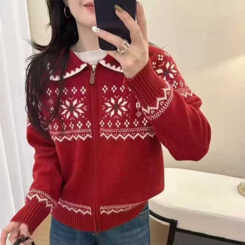 한 부서 공정한 섬 레트로 무거운 작업 편집 지퍼 플 래핑 칼라 니트 오픈 가디건 루즈핏 슬림해 보이는 두꺼운 여성 코트 상세 이미지 1