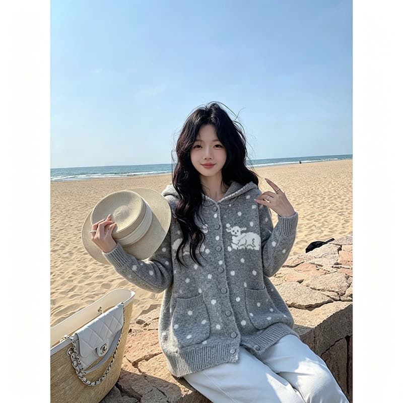 한 부서 어린 양 도트 무늬 후드 니트 오픈 가디건 여성 가을 겨울 와이드 부드러운 찹쌀 느긋한 바람 주머니 스웨터 코트