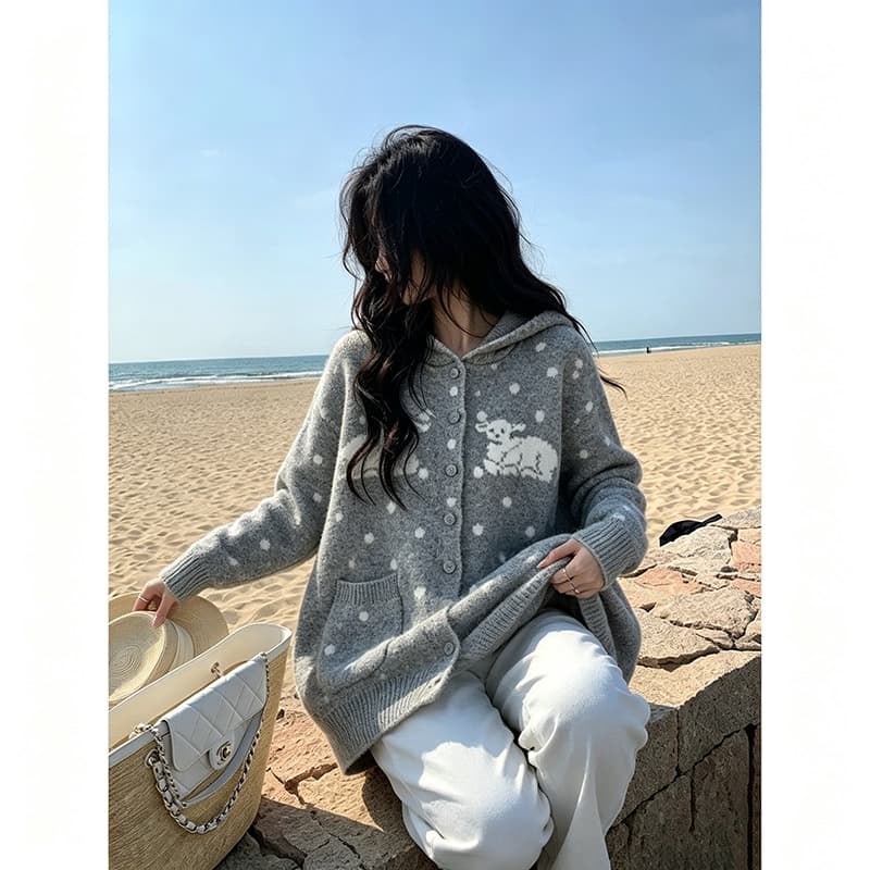 한 부서 어린 양 도트 무늬 후드 니트 오픈 가디건 여성 가을 겨울 와이드 부드러운 찹쌀 느긋한 바람 주머니 스웨터 코트 이미지 3