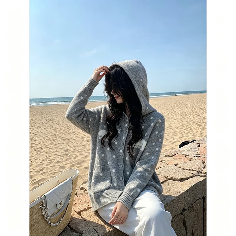 한 부서 어린 양 도트 무늬 후드 니트 오픈 가디건 여성 가을 겨울 와이드 부드러운 찹쌀 느긋한 바람 주머니 스웨터 코트 상세 이미지 1