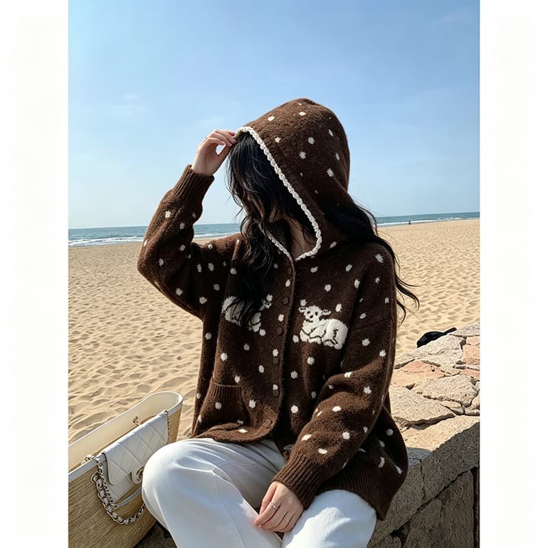 한 부서 어린 양 도트 무늬 후드 니트 오픈 가디건 여성 가을 겨울 와이드 부드러운 찹쌀 느긋한 바람 주머니 스웨터 코트 상세 이미지 3