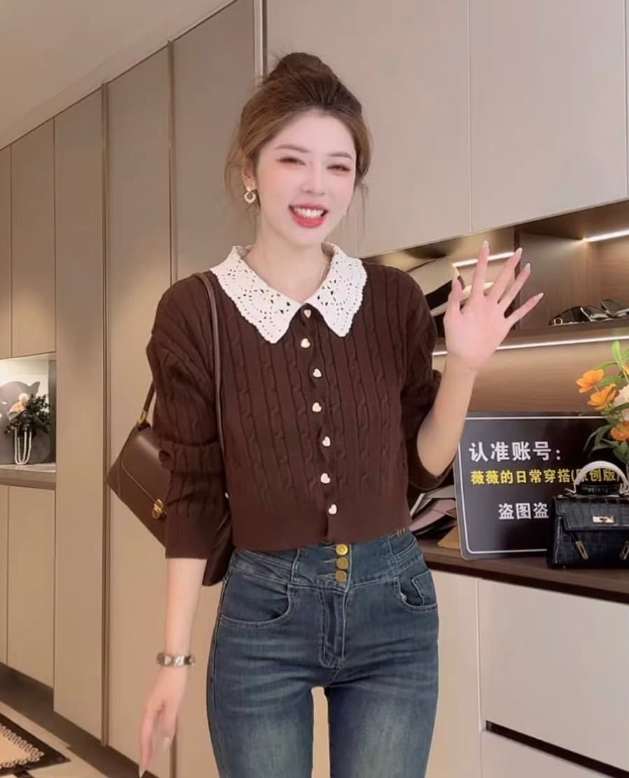 2026 가을 겨울 새로운 레이스 베이비 칼라 꽈배기 니트 오픈 가디건 스웨터 코트 맨위 하트 버클 여성 상세 이미지 2