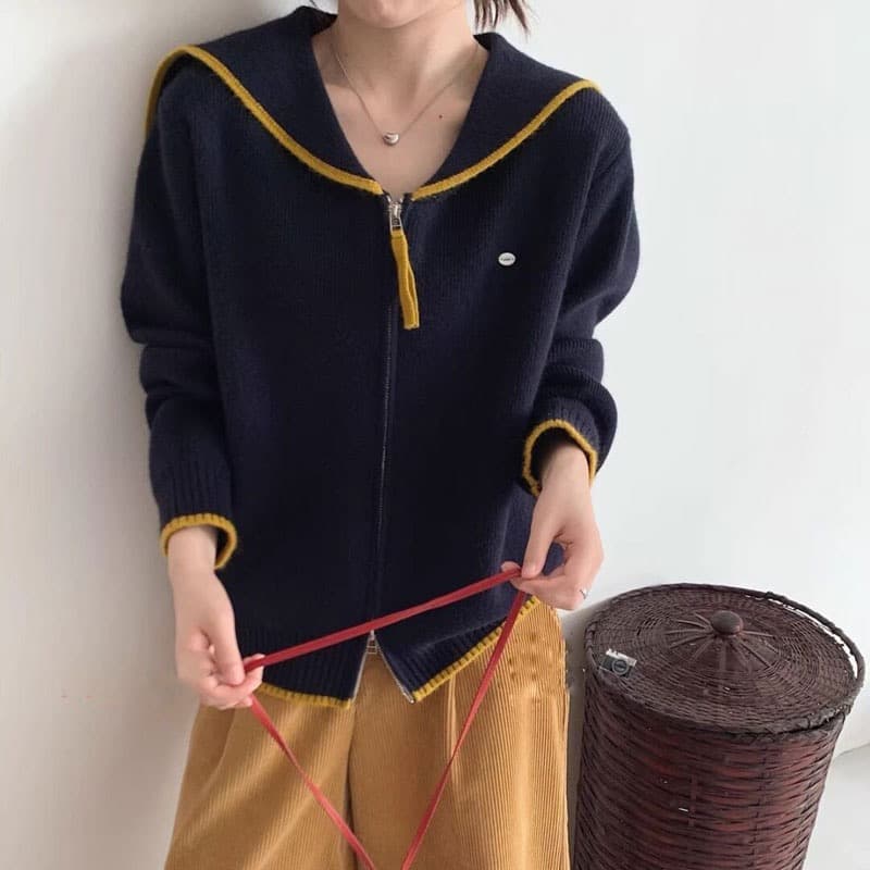 한 부서 해군 칼라 작은 표준 더블 지퍼 니트 오픈 가디건 배색 테두리 루즈핏 슬림해 보이는 맨위 오픈 가디건 여성 상세 이미지 2