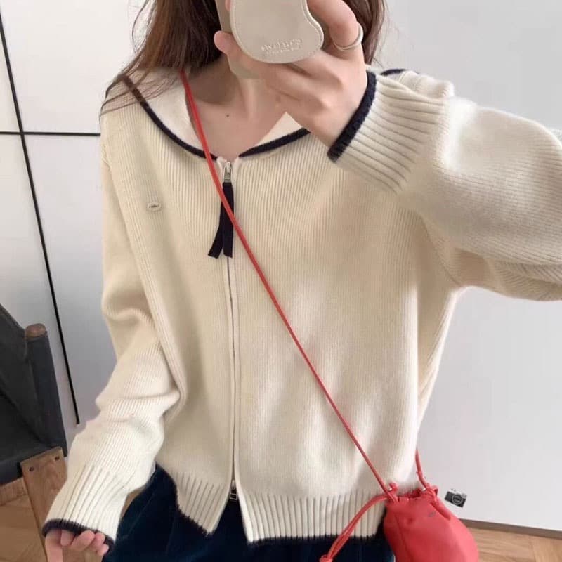 한 부서 해군 칼라 작은 표준 더블 지퍼 니트 오픈 가디건 배색 테두리 루즈핏 슬림해 보이는 맨위 오픈 가디건 여성 상세 이미지 3