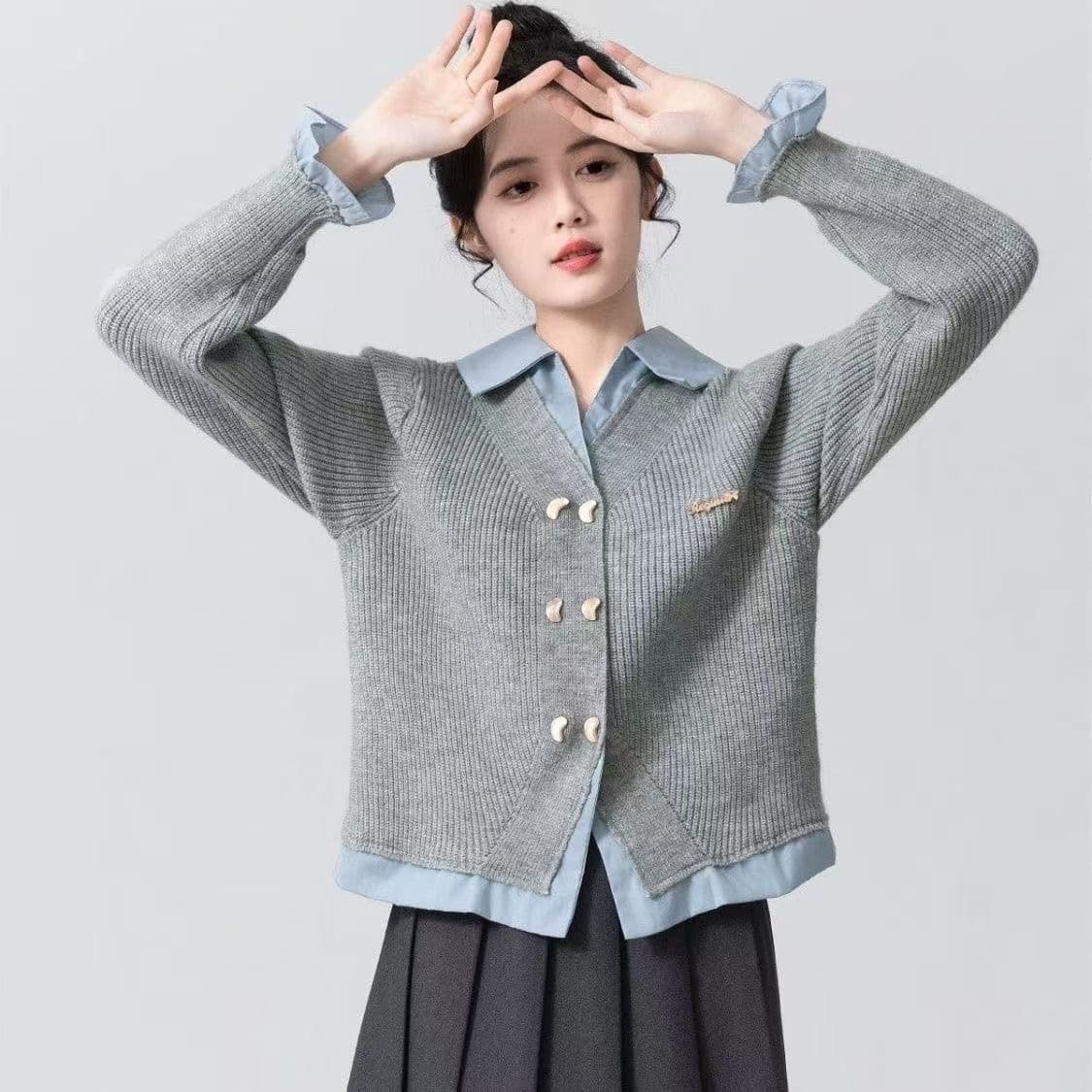 페이크 레이어드 POLO 칼라 스웨터 여자 봄 가을 2026 새로운 학원 스타일 패치워크 니트 카디건 코트 쇼트 스타일 맨위 이미지 4
