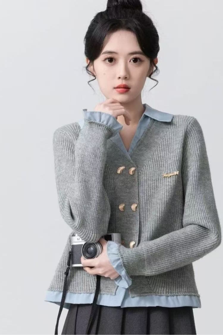 페이크 레이어드 POLO 칼라 스웨터 여자 봄 가을 2026 새로운 학원 스타일 패치워크 니트 카디건 코트 쇼트 스타일 맨위