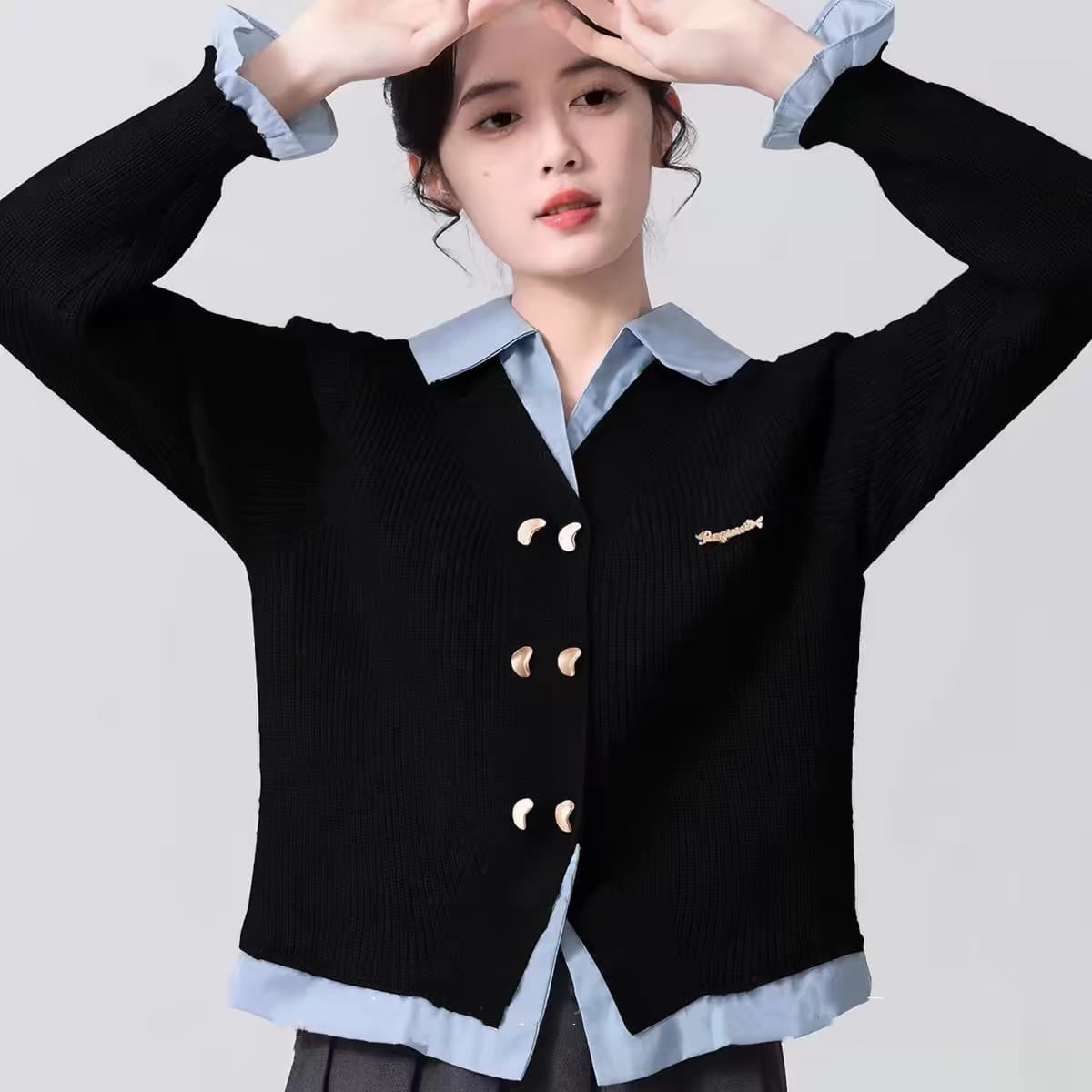 페이크 레이어드 POLO 칼라 스웨터 여자 봄 가을 2026 새로운 학원 스타일 패치워크 니트 카디건 코트 쇼트 스타일 맨위 이미지 2