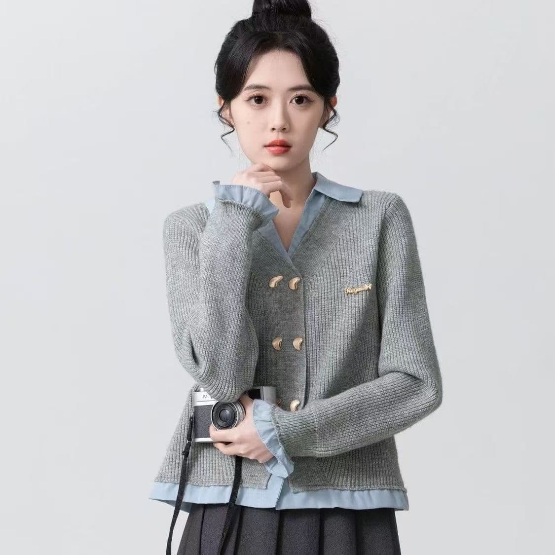 페이크 레이어드 POLO 칼라 스웨터 여자 봄 가을 2026 새로운 학원 스타일 패치워크 니트 카디건 코트 쇼트 스타일 맨위 상세 이미지 1