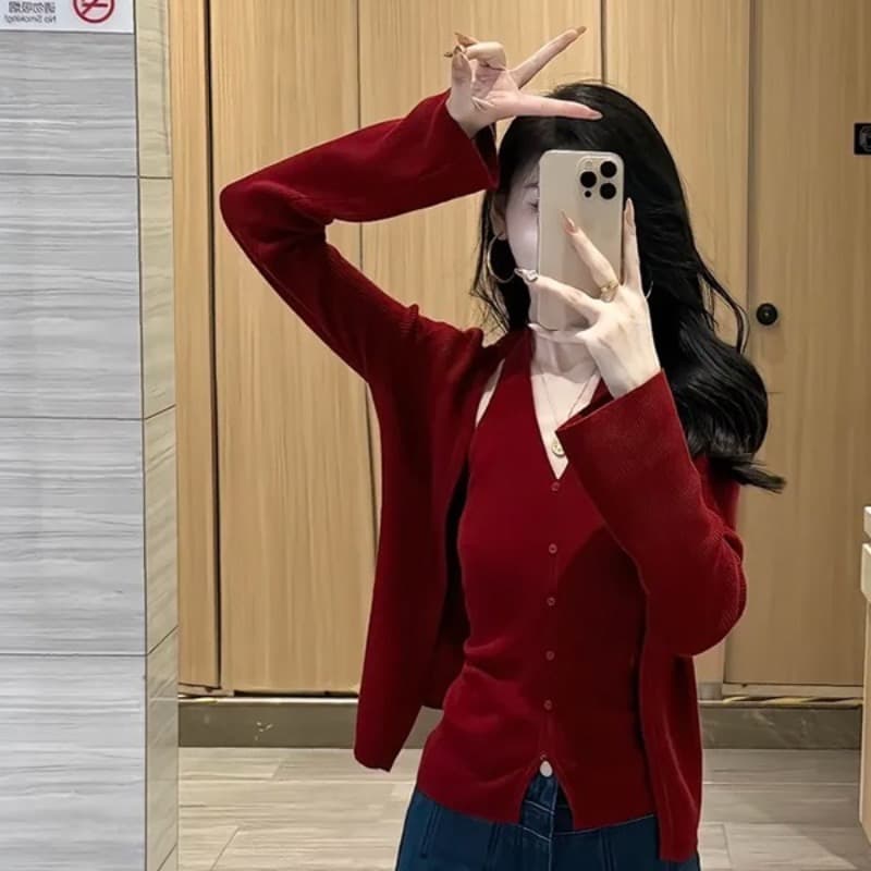 프랑스식 빨간색 V넥 긴팔 니트 오픈 가디건 여성 코트 가을 겨울 스택 착용 뒤로 심장 안에 가져 가라. 쇼트 스타일 맨위 투피스 세트 이미지 5