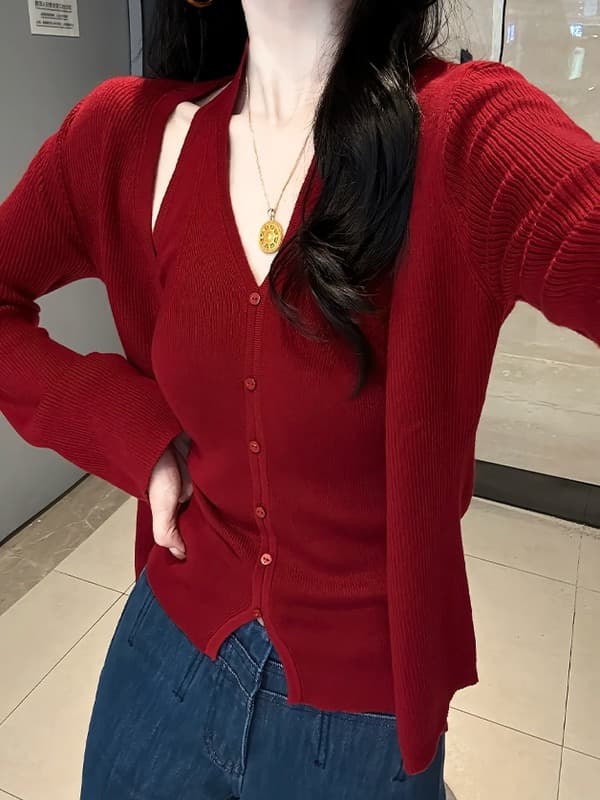 프랑스식 빨간색 V넥 긴팔 니트 오픈 가디건 여성 코트 가을 겨울 스택 착용 뒤로 심장 안에 가져 가라. 쇼트 스타일 맨위 투피스 세트 상세 이미지 1