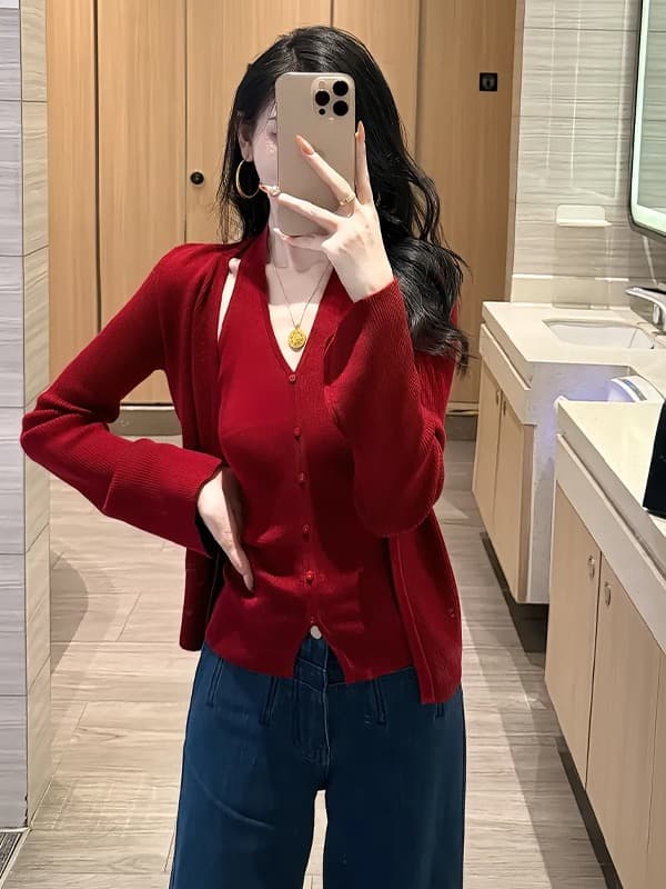 프랑스식 빨간색 V넥 긴팔 니트 오픈 가디건 여성 코트 가을 겨울 스택 착용 뒤로 심장 안에 가져 가라. 쇼트 스타일 맨위 투피스 세트 상세 이미지 3