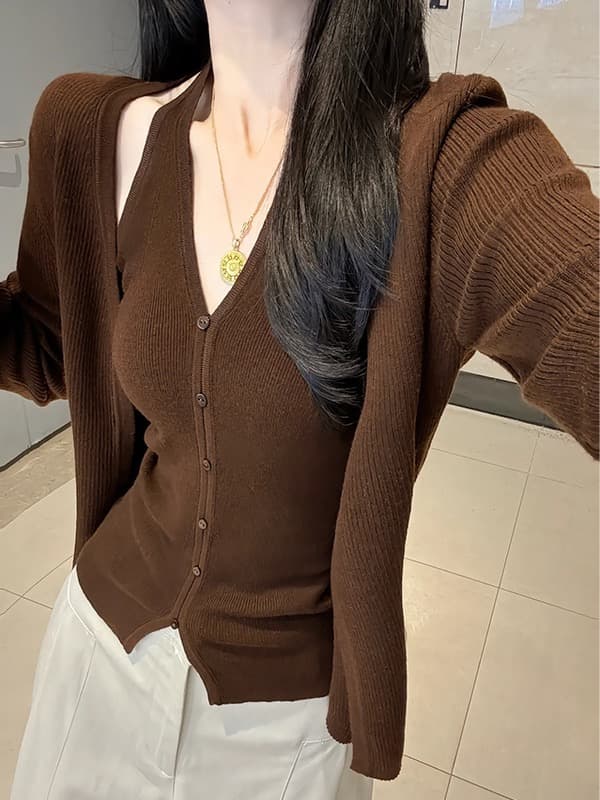 프랑스식 빨간색 V넥 긴팔 니트 오픈 가디건 여성 코트 가을 겨울 스택 착용 뒤로 심장 안에 가져 가라. 쇼트 스타일 맨위 투피스 세트 상세 이미지 4